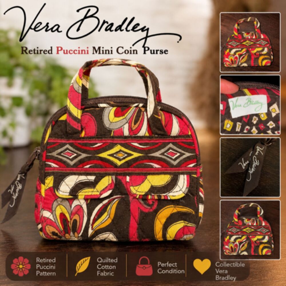 Vera Bradley Retired Puccini Mini Coin Purse / Micro Bag Floral Brown Red Yellow